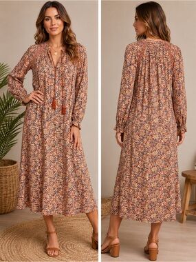 RAGA Rust Floral Long-Sleeve Tassel Midi Dress